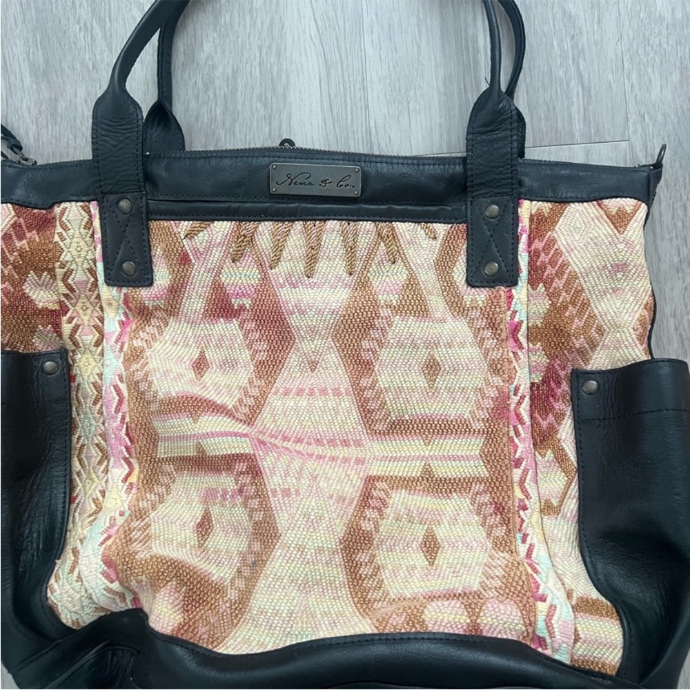 Nena & Co. Convertible Backpack Tote Bag Black Leather Tribal Geometric Woven - Picture 3 of 14